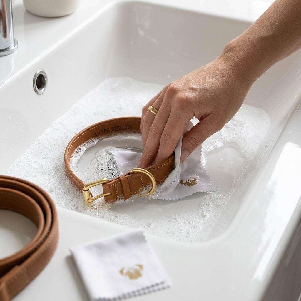 Sanfte Reinigung eines braunen Hundehalsbands aus veganem Leder in einem Waschbecken mit etwas Schaum und Tuch