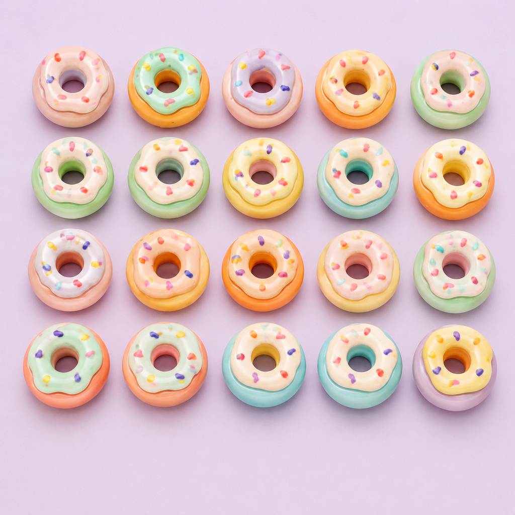 Nahaufnahme der bunten Donut-Charms in Pastelltönen für das Hundehalsband Donut Laune von Mops Berlin arrangiert in einem Raster auf hellfliederfarbenem Hintergrund.