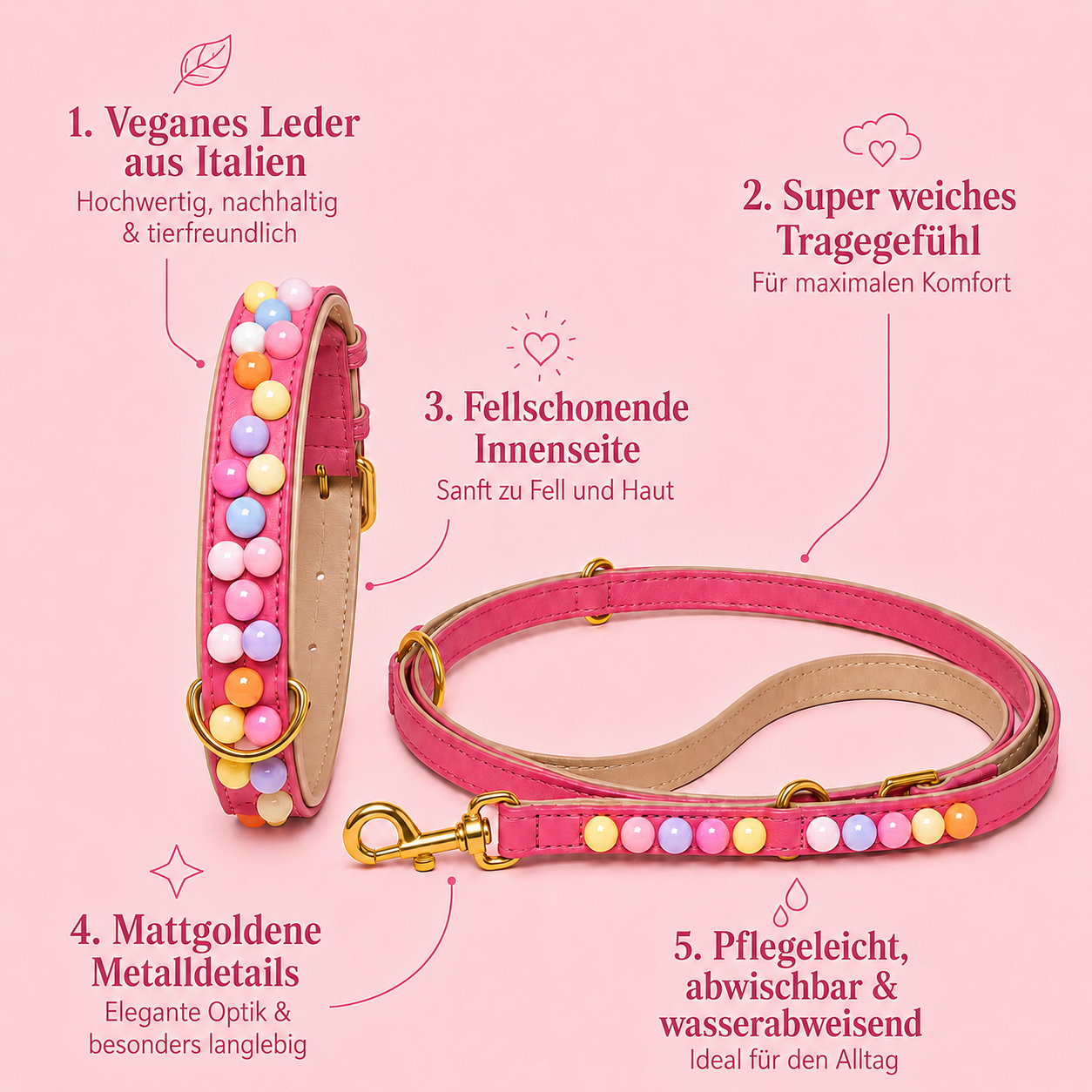Infografik mit Produktvorteilen des Halsband und Leine Sets Bonbon Glück von Mops Berlin: Veganes Leder aus Italien, super weiches Tragegefühl, fellschonende Innenseite, mattgoldene Metalldetails sowie pflegeleicht, abwischbar und wasserabweisend.