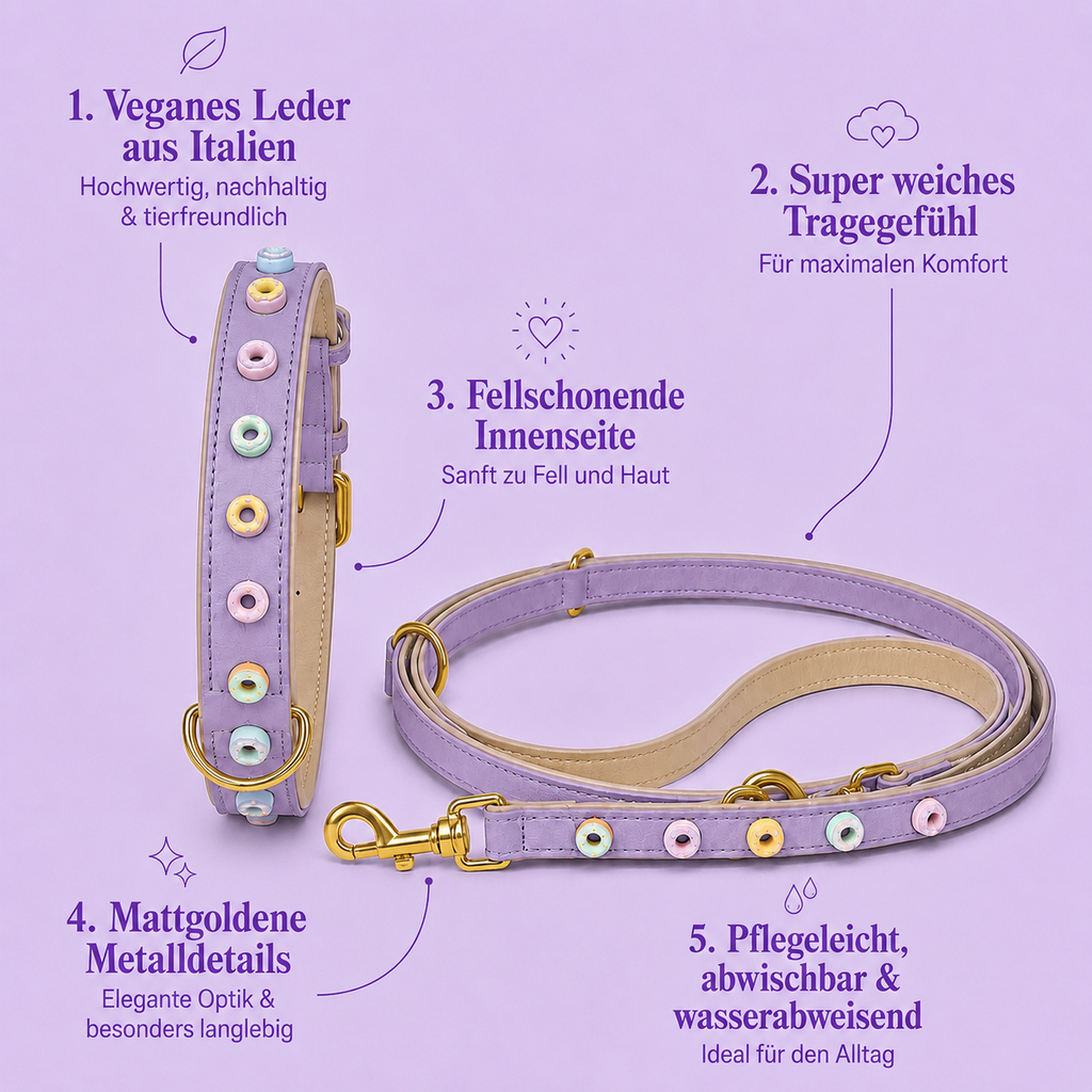 Infografik mit Produktvorteilen des Halsband und Leine Sets Donut Laune von Mops Berlin: Veganes Leder aus Italien, super weiches Tragegefühl, fellschonende Innenseite, mattgoldene Metalldetails sowie pflegeleicht, abwischbar und wasserabweisend.
