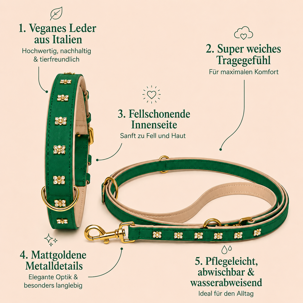 Infografik mit Produktvorteilen des Halsband und Leine Sets Goldbär von Mops Berlin: Veganes Leder aus Italien, super weiches Tragegefühl, fellschonende Innenseite, mattgoldene Metalldetails sowie pflegeleicht, abwischbar und wasserabweisend.