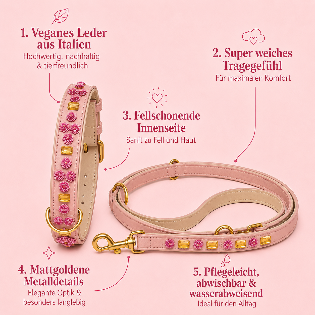 Infografik mit Produktvorteilen des Halsband und Leine Sets Nelken Traum von Mops Berlin: Veganes Leder aus Italien, super weiches Tragegefühl, fellschonende Innenseite, mattgoldene Metalldetails sowie pflegeleicht, abwischbar und wasserabweisend.