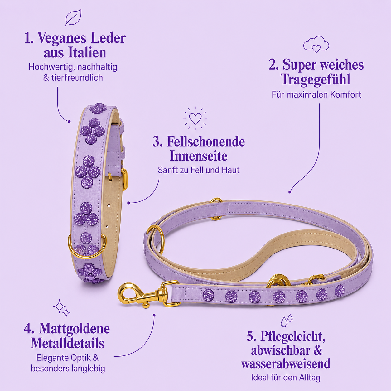 Infografik mit Produktvorteilen des Halsband und Leine Sets Sternenstaub von Mops Berlin: Veganes Leder aus Italien, super weiches Tragegefühl, fellschonende Innenseite, mattgoldene Metalldetails sowie pflegeleicht, abwischbar und wasserabweisend.