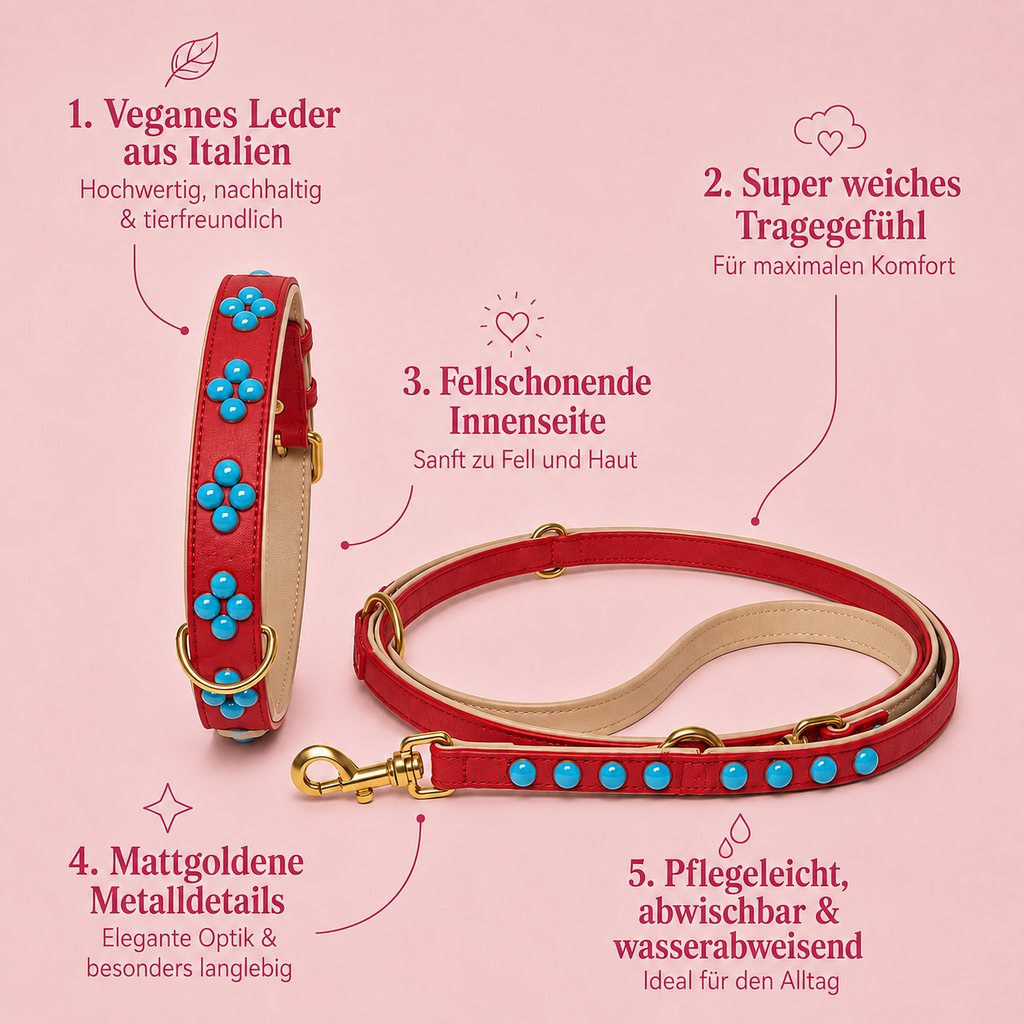 Infografik mit Produktvorteilen des roten Halsband und Leine Sets Türkisfeuer von Mops Berlin: Veganes Leder aus Italien, super weiches Tragegefühl, fellschonende Innenseite, mattgoldene Metalldetails sowie pflegeleicht, abwischbar und wasserabweisend vor rosa-rot verlaufendem Hintergrund.