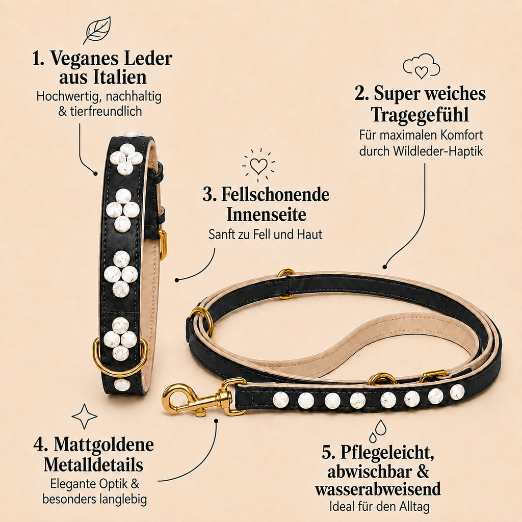 Infografik mit Produktvorteilen des schwarzen Halsband und Leine Sets Wolkentraum von Mops Berlin: Veganes Leder aus Italien, super weiches Tragegefühl, fellschonende Innenseite, mattgoldene Metalldetails sowie pflegeleicht, abwischbar und wasserabweisend vor beigefarbenem Hintergrund.