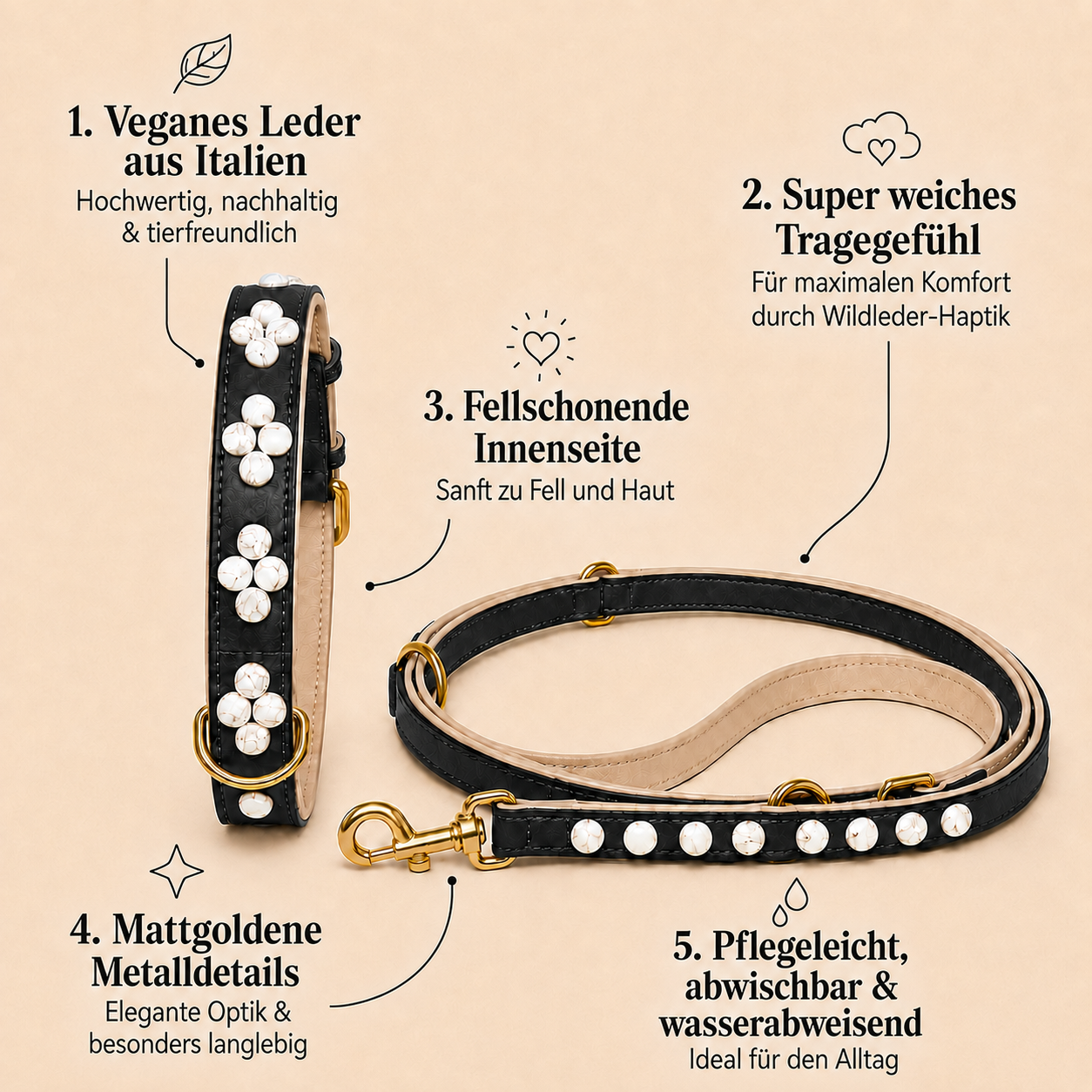 Infografik mit Produktvorteilen des schwarzen Halsband und Leine Sets Wolkentraum von Mops Berlin: Veganes Leder aus Italien, super weiches Tragegefühl, fellschonende Innenseite, mattgoldene Metalldetails sowie pflegeleicht, abwischbar und wasserabweisend vor beigefarbenem Hintergrund.