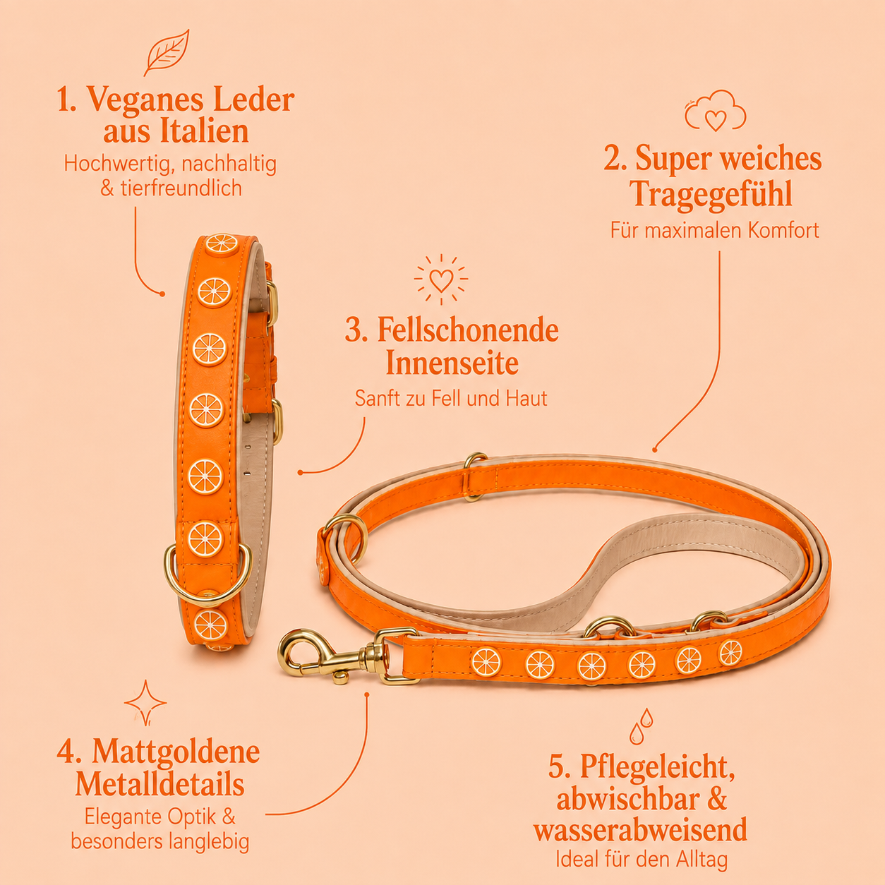 Infografik mit Produktvorteilen des orangefarbenen Halsband und Leine Sets Zitruszauber von Mops Berlin: Veganes Leder aus Italien, super weiches Tragegefühl, fellschonende Innenseite, mattgoldene Metalldetails sowie pflegeleicht, abwischbar und wasserabweisend vor hellorangenem Hintergrund.