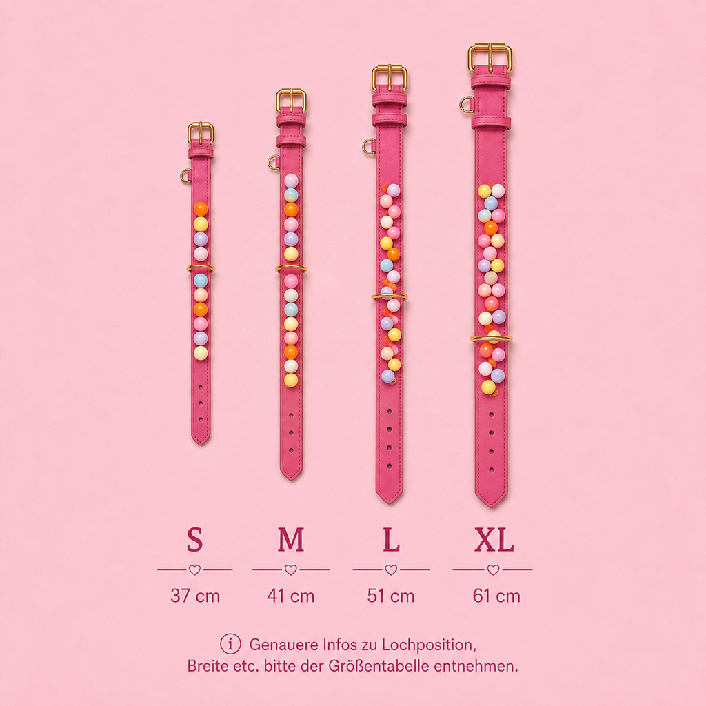 Größentabelle für das Hundehalsband Bonbon Glück von Mops Berlin mit vier Halsbandgrößen S (37 cm), M (41 cm), L (51 cm) und XL (61 cm) nebeneinander vor rosa Hintergrund.