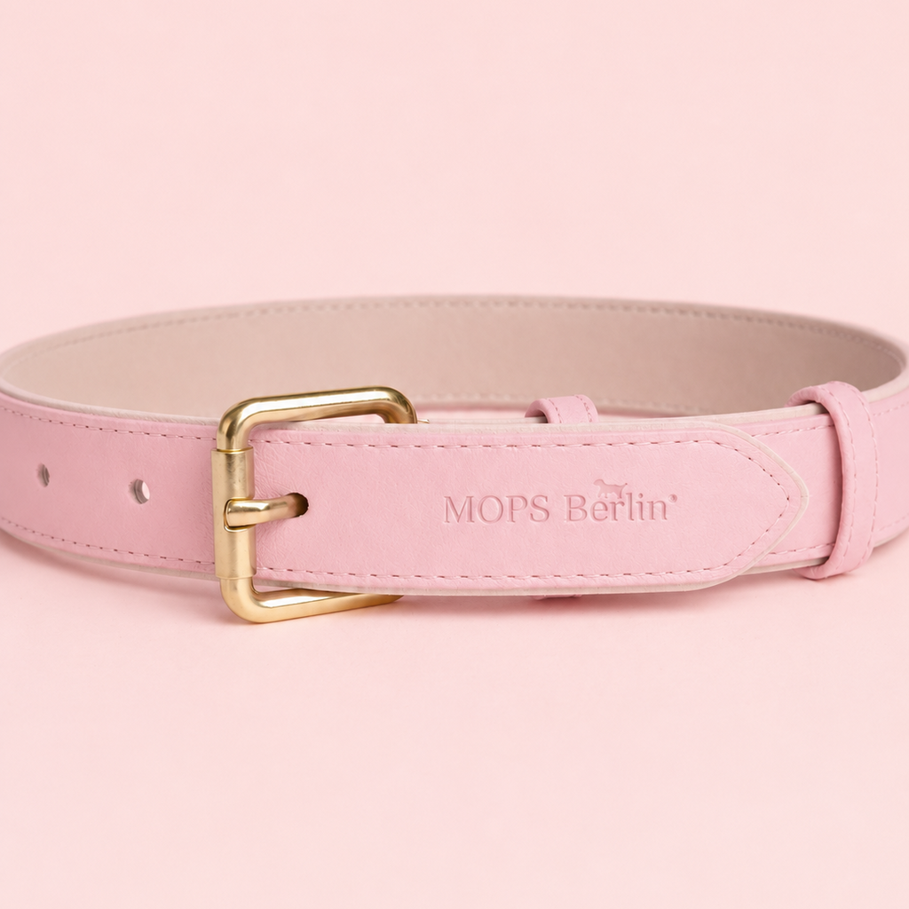Nahaufnahme der mattgoldenen Schnalle und der eingeprägten Markenlogos MOPS Berlin auf dem rosa veganen Lederhalsband Nelken Traum.