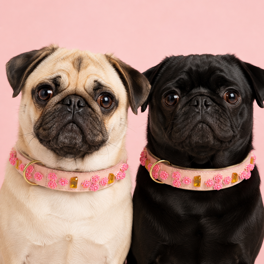 Ein beiger und ein schwarzer Mops sitzen nebeneinander und tragen das rosafarbene Hundehalsband Nelken Traum mit pinken Blütendetails und amberfarbenen Steinen vor rosa Hintergrund.