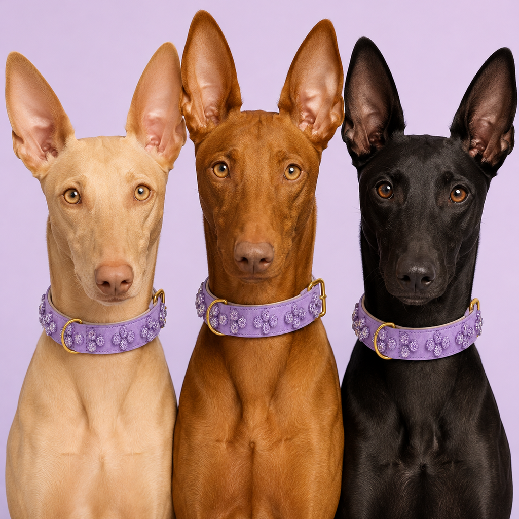 Drei schlanke Hunde mit großen Stehohren in Beige, Rotbraun und Schwarz sitzen nebeneinander und tragen das fliederfarbene Hundehalsband Sternenstaub mit glitzernden violetten Perlen vor lila Hintergrund.