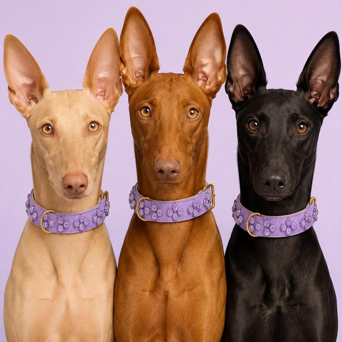 Drei schlanke Hunde mit großen Stehohren in Beige, Rotbraun und Schwarz sitzen nebeneinander und tragen das fliederfarbene Hundehalsband Sternenstaub mit glitzernden violetten Perlen vor lila Hintergrund.