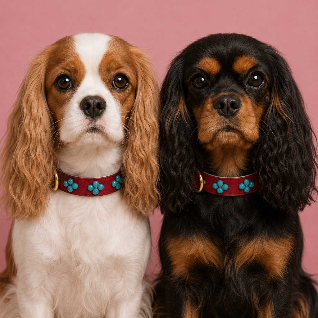 Zwei Cavalier King Charles Spaniel (ein Blenheim und ein Black and Tan) nebeneinander mit dem roten Hundehalsband Türkisfeuer von Mops Berlin vor rosa Hintergrund.
