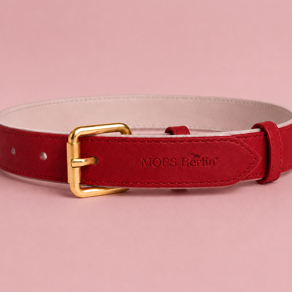 Nahaufnahme der mattgoldenen Schnalle und der eingeprägten Markenprägung MOPS Berlin auf dem roten veganen Lederhalsband Türkisfeuer vor rosa Hintergrund.