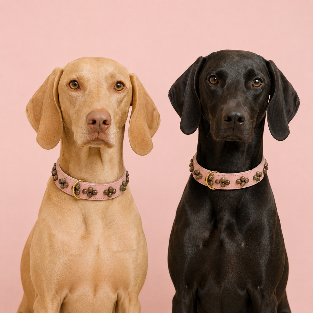 Ein hellbrauner Vizsla und ein schwarzer Hund sitzen nebeneinander und tragen das rosa Hundehalsband Waldrose mit grün-marmorierten Steinperlen-Verzierungen von Mops Berlin vor rosafarbenem Hintergrund.