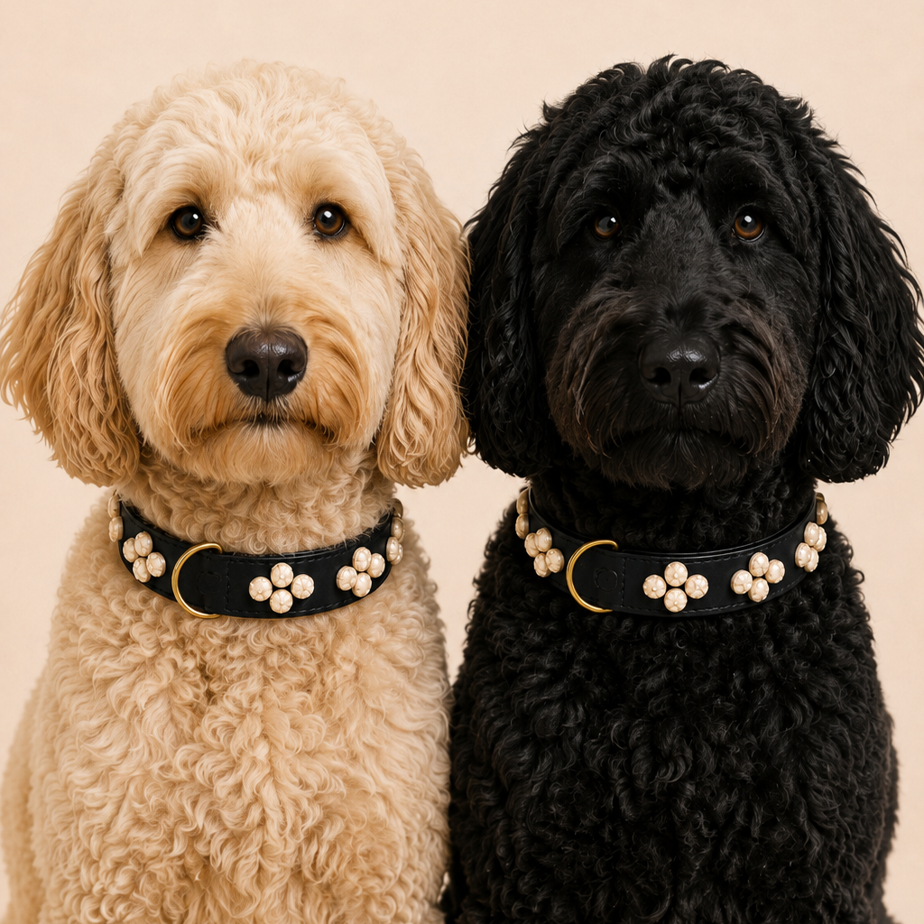 Zwei lockige Hunde (ein helles Goldendoodle und ein schwarzer Pudel-Mix) nebeneinander mit dem schwarzen veganen Lederhalsband Wolkentraum mit cremefarbenen Perlenblüten von Mops Berlin vor beigefarbenem Hintergrund.