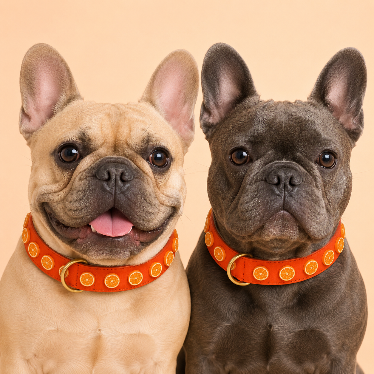 Zwei Französische Bulldoggen in Fawn und Blaugrau sitzen nebeneinander und tragen das orangene Hundehalsband Zitruszauber mit kleinen Orangenscheiben-Charms von Mops Berlin vor warmem, beigefarbenem Hintergrund.