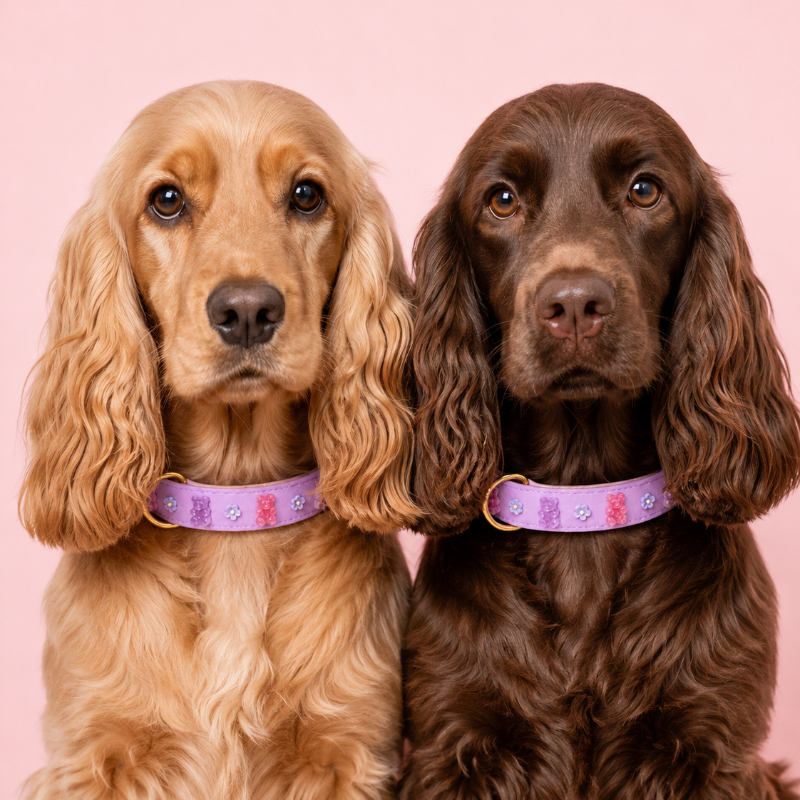 Zwei Cocker Spaniel in den Fellfarben Golden und Schokoladenbraun tragen das Mops Berlin Hundehalsband Zuckerwiese aus fliederfarbenem veganem Leder mit Gummibärchen-Applikationen vor rosa Hintergrund