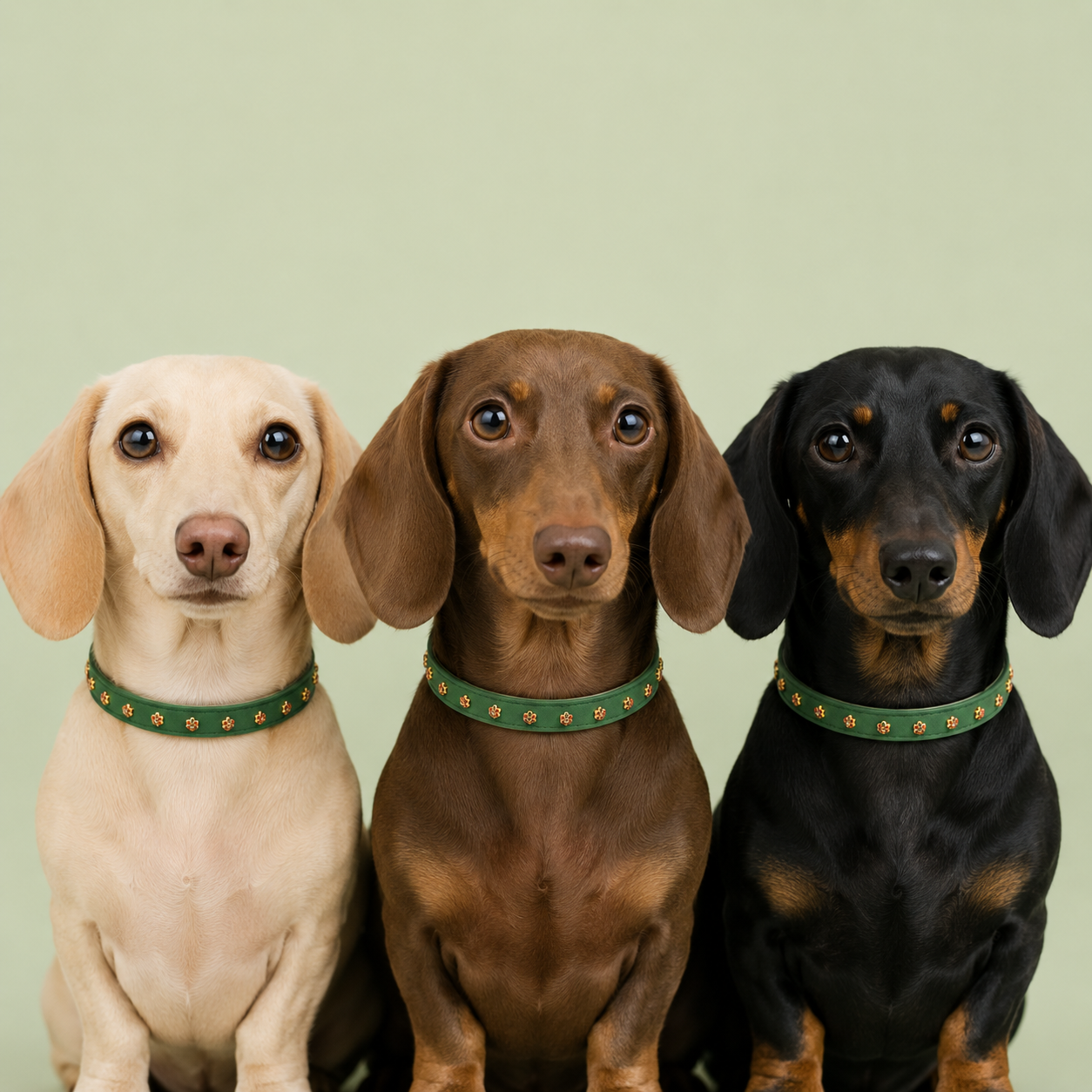 Drei Dackel in den Fellfarben Creme, Braun und Schwarz-Tan tragen das Mops Berlin Hundehalsband Zaubergarten aus grünem veganem Leder vor grünem Hintergrund