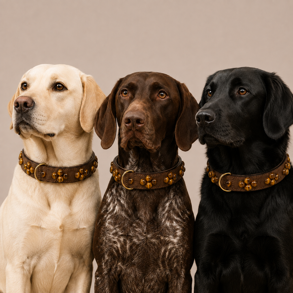 Drei Hunde (heller Labrador, Deutsch Kurzhaar, schwarzer Labrador) nebeneinander im Portrait mit dem Mops Berlin Hundehalsband Tigerauge aus braunem veganem Leder
