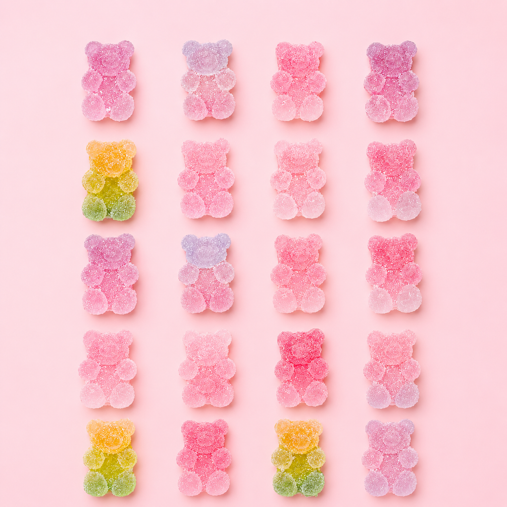 Geordnete Anordnung von bunten Gummibärchen-Applikationen in Rosa, Lila und Gelb-Grün für das Mops Berlin Design Zuckerwiese vor rosa Hintergrund