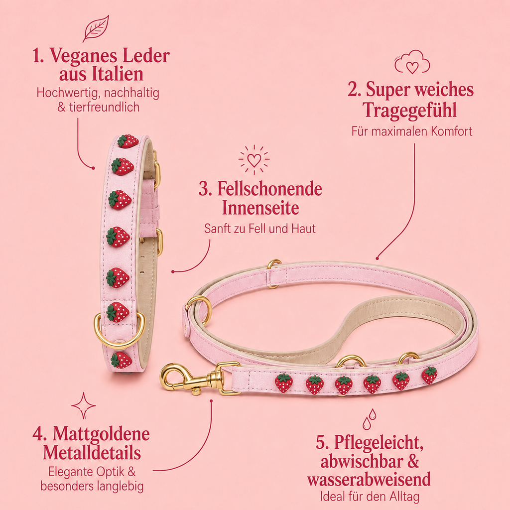 Mops Berlin Hunde-Set Erdbeersommer mit Halsband und Leine aus rosafarbenem veganem Leder mit Erdbeer-Applikationen und mattgoldenen Details sowie Beschriftungen der Produkteigenschaften vor rosa Hintergrund