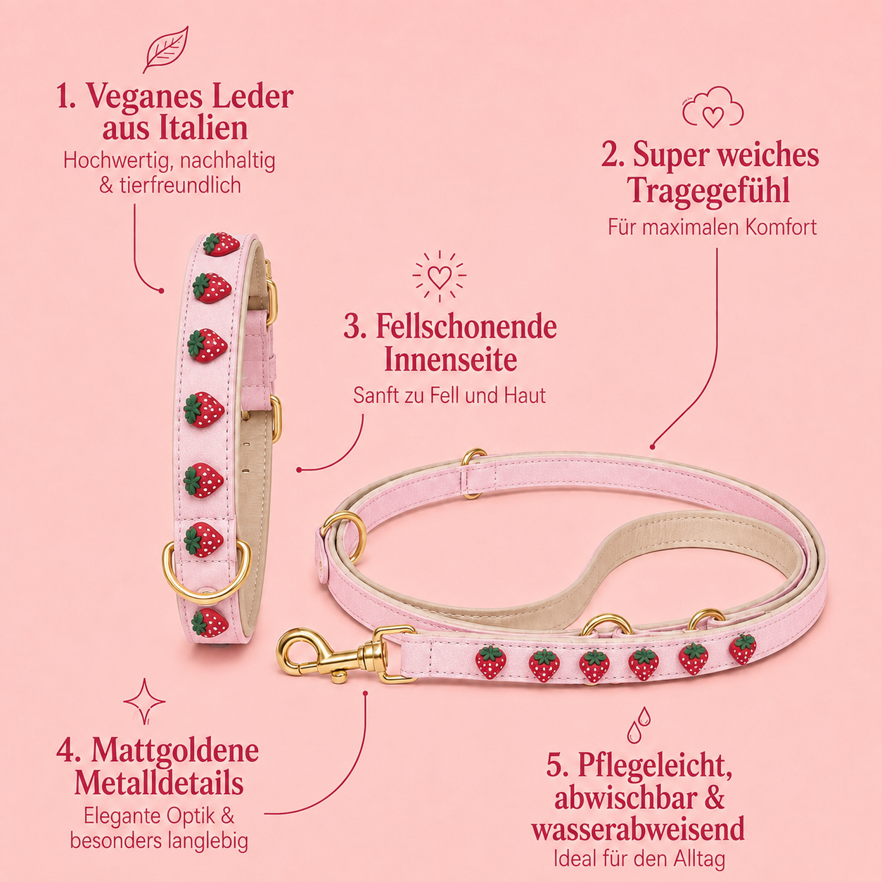 Mops Berlin Hunde-Set Erdbeersommer mit Halsband und Leine aus rosafarbenem veganem Leder mit Erdbeer-Applikationen und mattgoldenen Details sowie Beschriftungen der Produkteigenschaften vor rosa Hintergrund