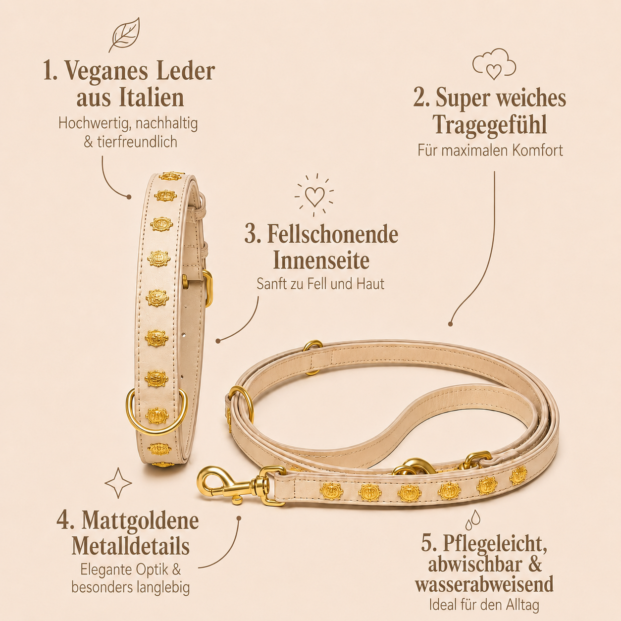 Mops Berlin Hunde-Set Goldküste mit Halsband und Leine aus beige-cremefarbenem veganem Leder mit Schildkröten-Beschlägen und mattgoldenen Details