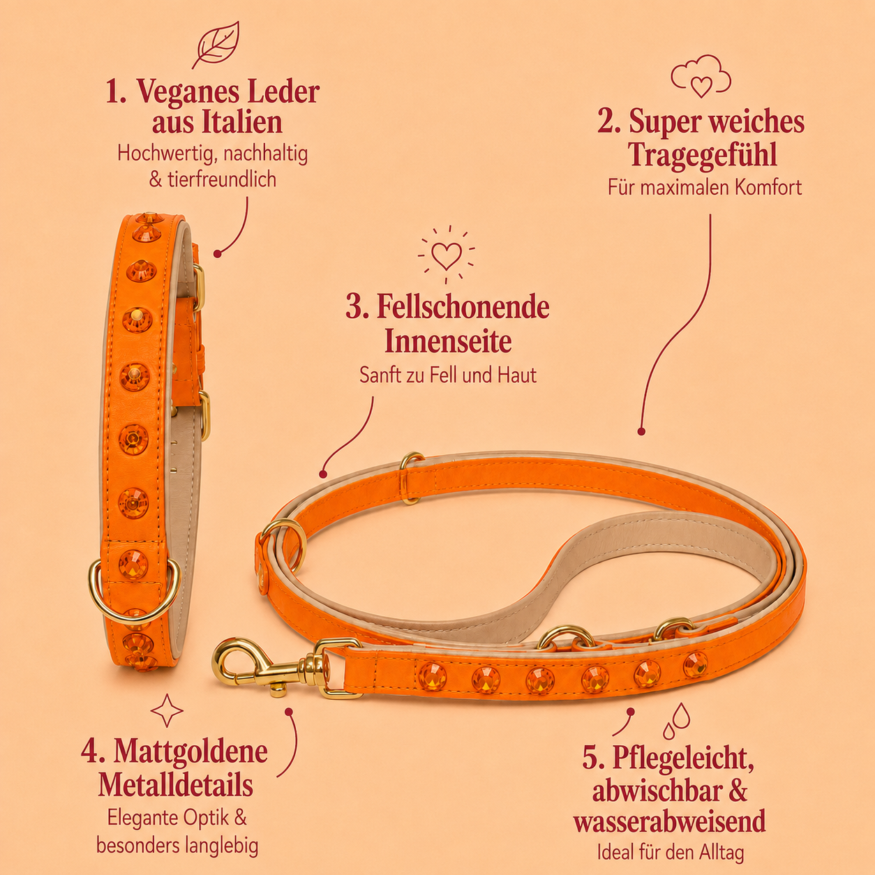 Mops Berlin Hunde-Set Honigglanz mit Halsband und Leine aus orangefarbenem veganem Leder mit bernsteinfarbenen Steinen und mattgoldenen Beschlägen