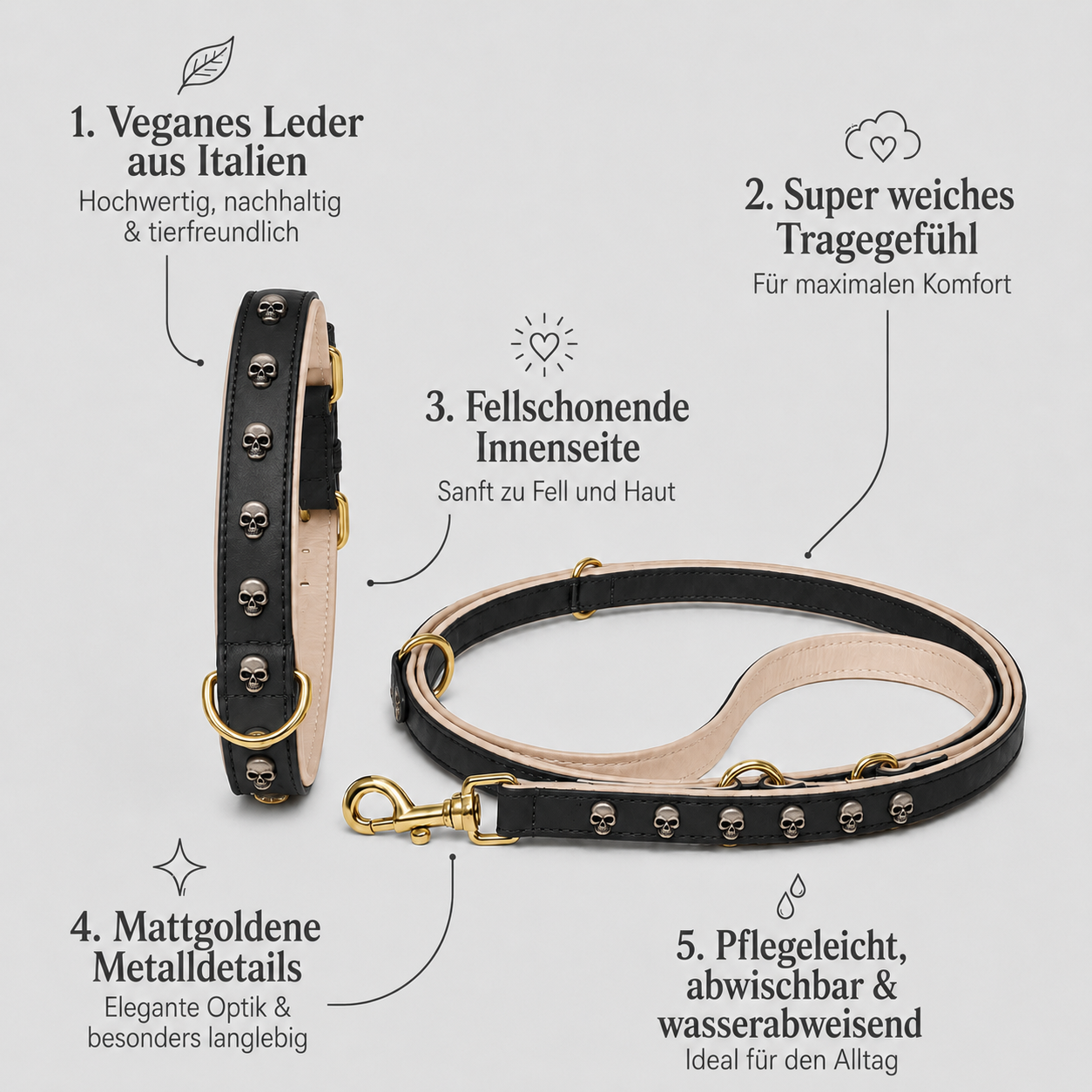 Mops Berlin Hunde-Set Rabenschwarz mit Halsband und Leine aus schwarzem veganem Leder mit Totenkopf-Beschlägen und mattgoldenen Details vor grauem Hintergrund