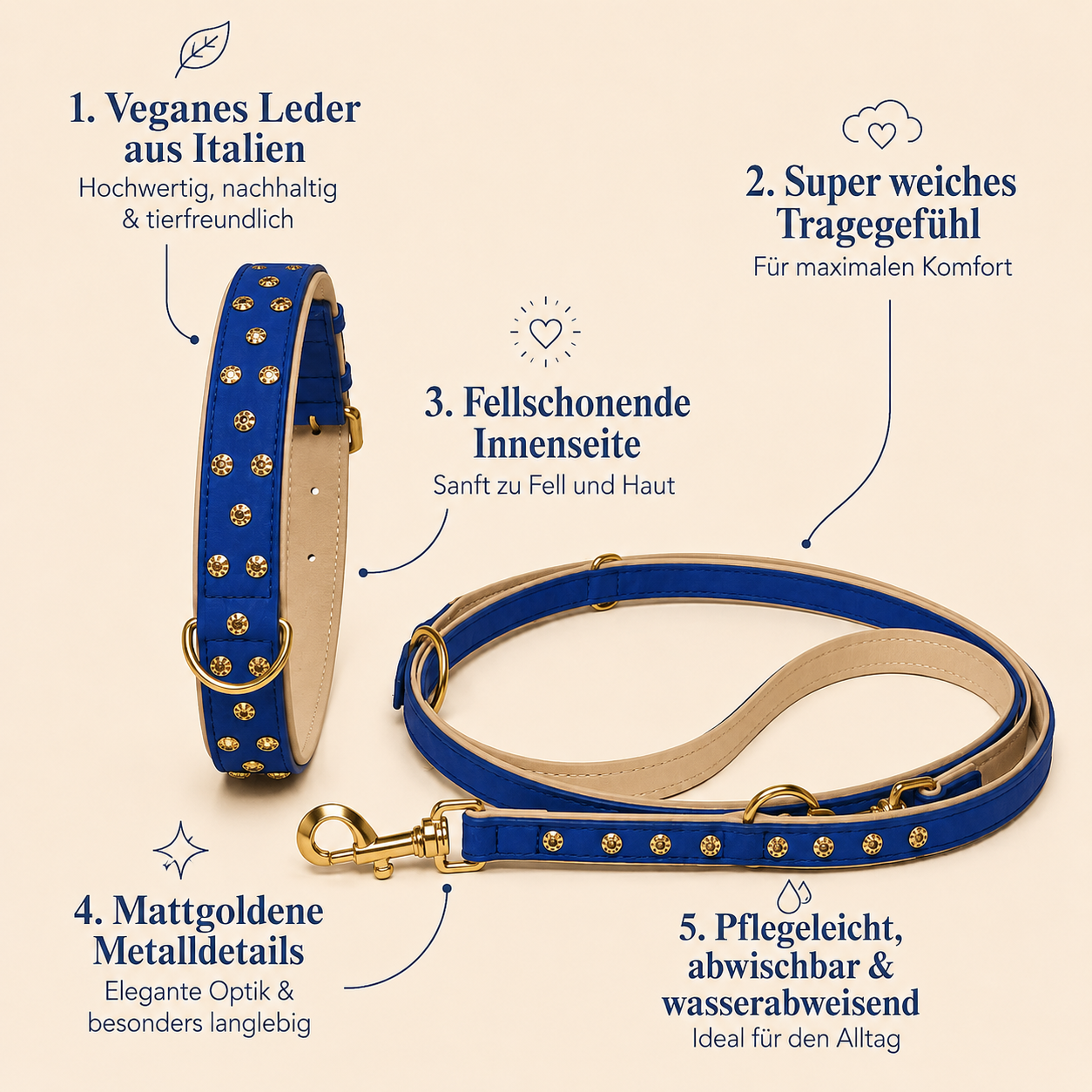 Mops Berlin Hunde-Set Sternennacht mit Halsband und Leine aus blauem veganem Leder mit Stern-Beschlägen und mattgoldenen Details