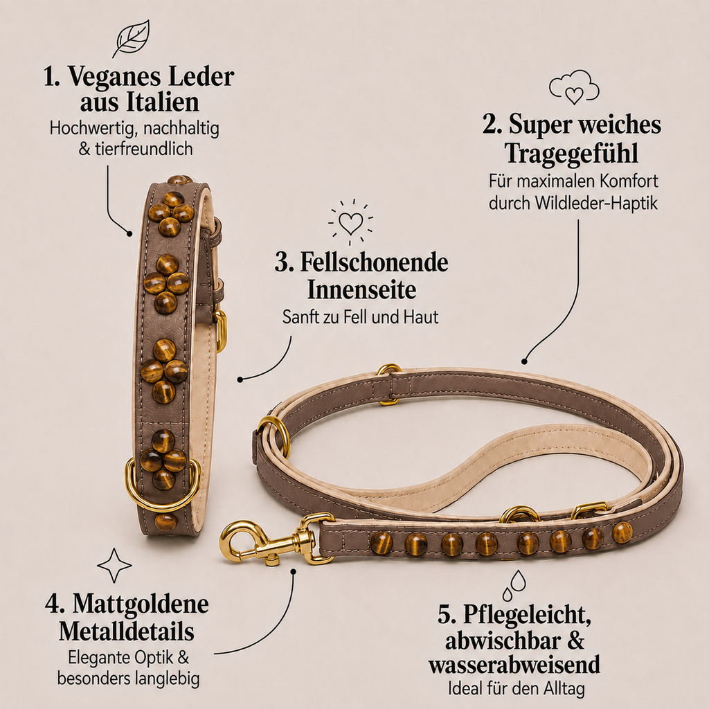 Mops Berlin Hunde-Set Tigerauge mit Halsband und Leine aus braunem veganem Leder mit Tigerauge-Steinen und mattgoldenen Beschlägen
