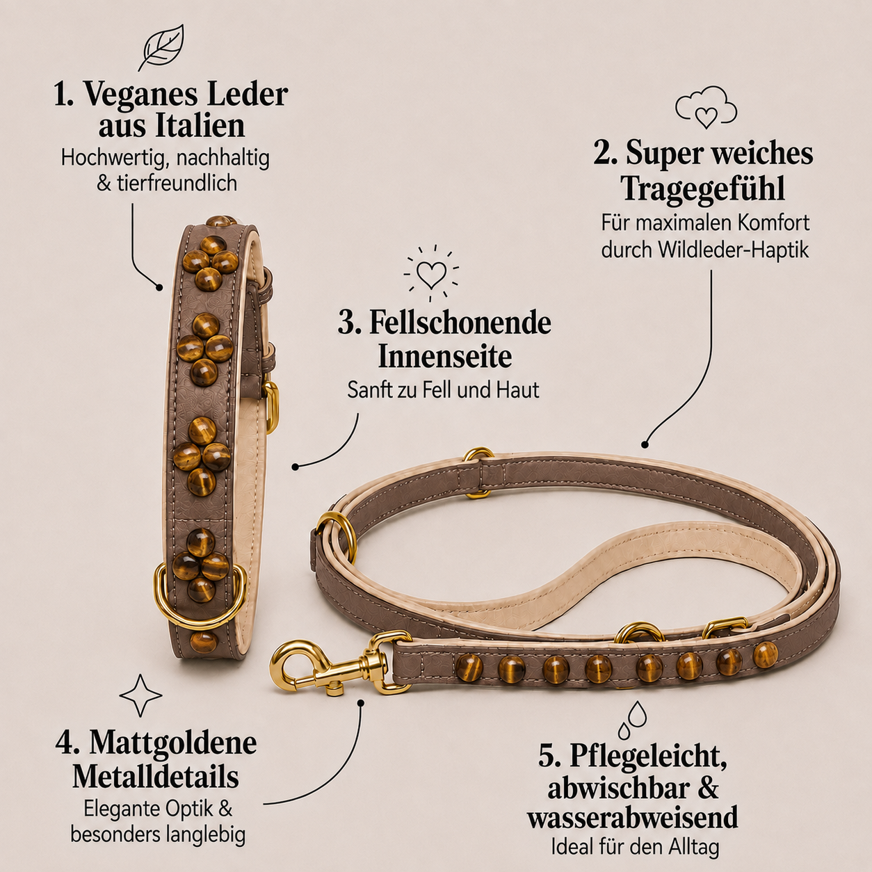 Mops Berlin Hunde-Set Tigerauge mit Halsband und Leine aus braunem veganem Leder mit Tigerauge-Steinen und mattgoldenen Beschlägen