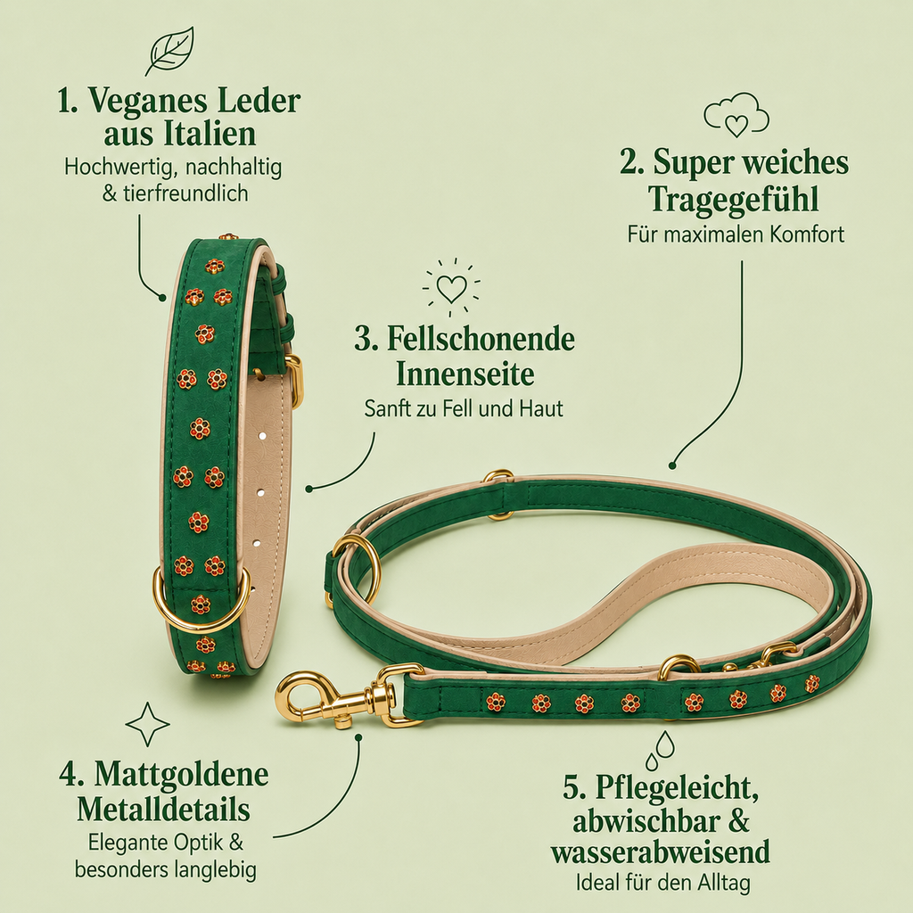 Mops Berlin Hunde-Set Zaubergarten mit Halsband und Leine aus grünem veganem Leder mit blumenförmigen Beschlägen und mattgoldenen Details