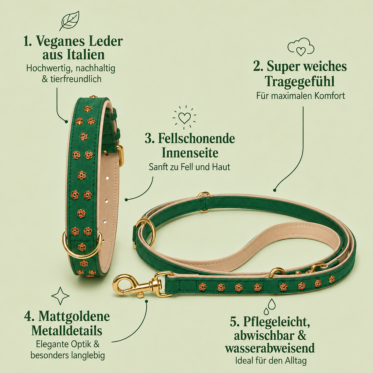 Mops Berlin Hunde-Set Zaubergarten mit Halsband und Leine aus grünem veganem Leder mit blumenförmigen Beschlägen und mattgoldenen Details