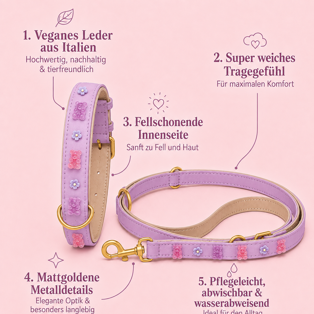 Mops Berlin Hunde-Set Zuckerwiese mit Halsband und Leine aus fliederfarbenem veganem Leder mit Gummibärchen- und Blumen-Applikationen sowie mattgoldenen Details vor rosa Hintergrund