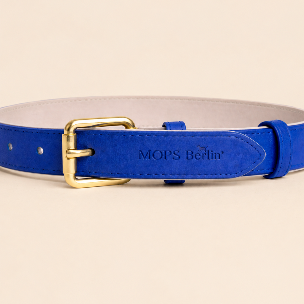 Nahaufnahme vom Schnallenende des Mops Berlin Hundehalsbands Sternennacht aus blauem veganem Leder mit eingeprägtem Logo und mattgoldener Metallschließe vor beige-cremefarbenem Hintergrund