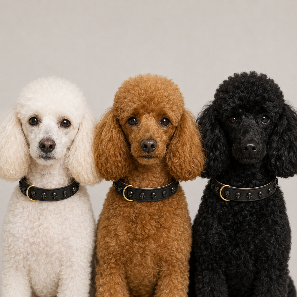 Drei Pudel in den Fellfarben Weiß, Apricot und Schwarz tragen das Mops Berlin Hundehalsband Rabenschwarz aus schwarzem veganem Leder mit Totenkopf-Beschlägen vor grauem Hintergrund