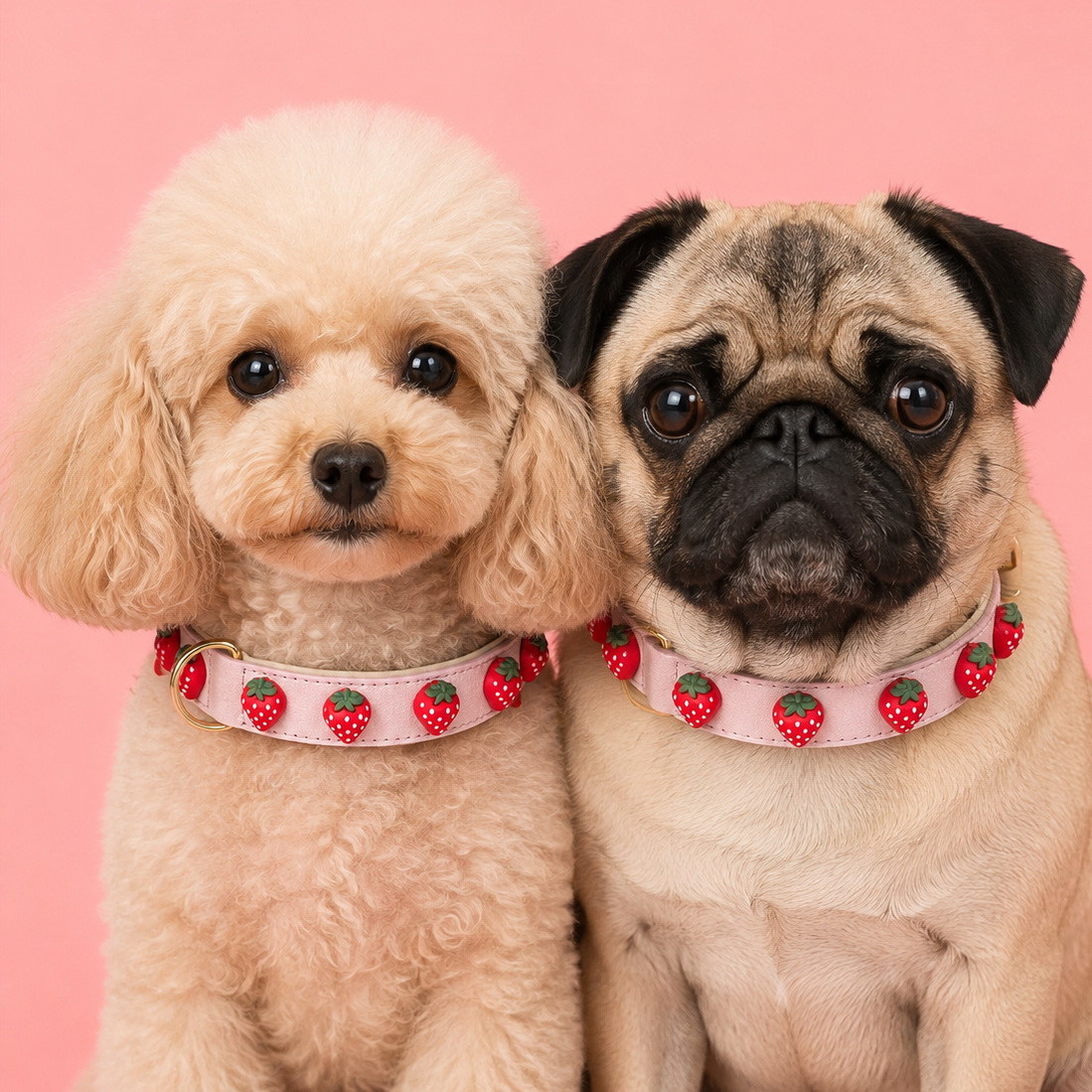 Ein beige-apricotfarbener Zwergpudel und ein fahlgelber Mops tragen nebeneinander das Mops Berlin Hundehalsband Erdbeersommer aus rosafarbenem veganem Leder mit Erdbeer-Applikationen vor rosa Hintergrund