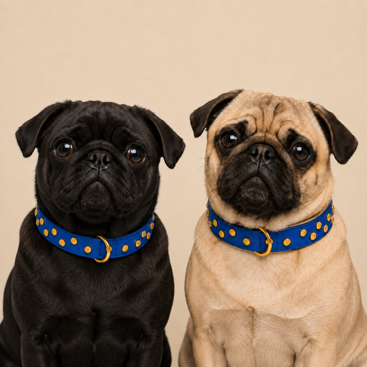 Porträt von zwei Möpsen (einer schwarz, einer beige) nebeneinander vor beige-cremefarbenem Hintergrund mit dem Mops Berlin Hundehalsband Sternennacht aus blauem veganem Leder
