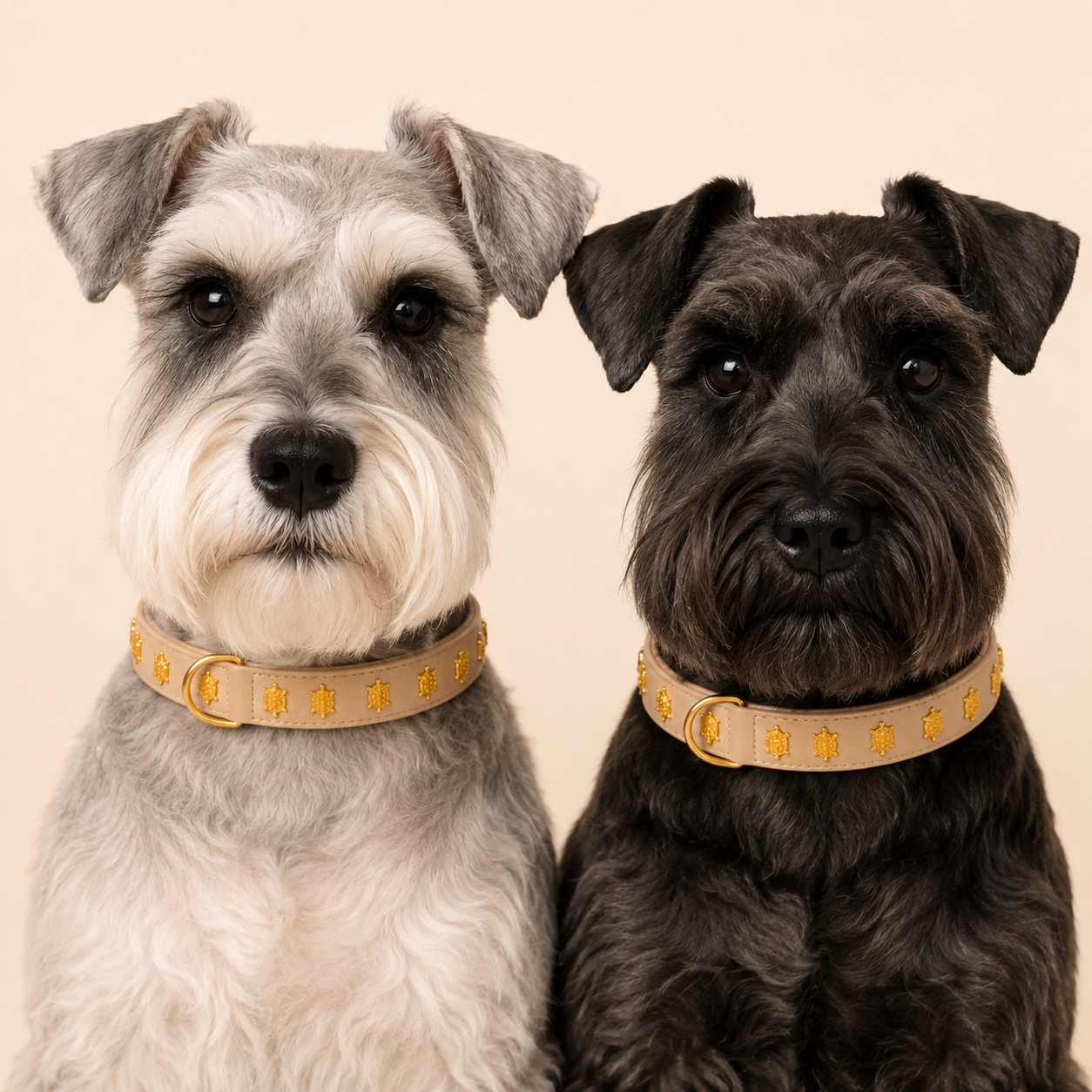 Porträt von zwei Schnauzern (einer pfeffer-salz, einer schwarz) nebeneinander mit dem Mops Berlin Hundehalsband Goldküste aus beige-cremefarbenem veganem Leder und goldfarbenen Schildkröten-Beschlägen