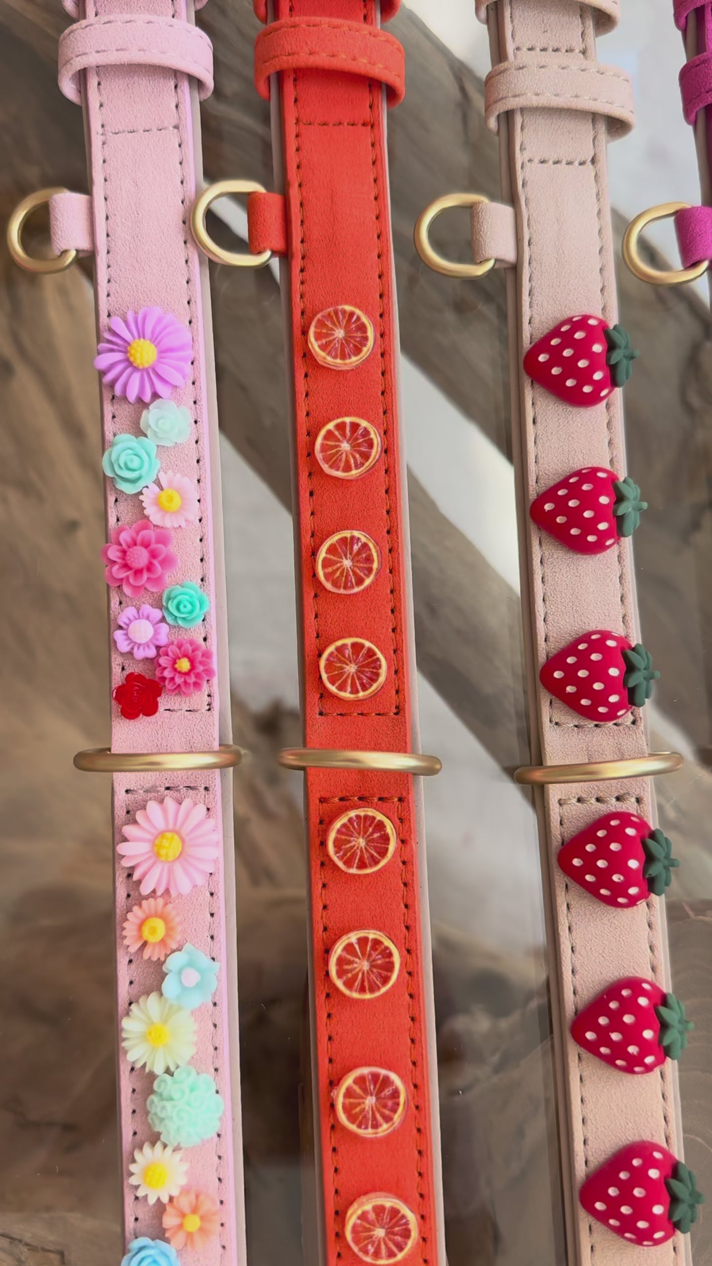 Produktvideo der Mops Berlin Hundehalsbänder: Zu sehen sind fünf verschiedene Designs aus veganem Leder – in Schwarz mit Totenköpfen, Pink mit Gummibärchen, Beige mit Erdbeeren, Orange mit Orangenscheiben und Rosa mit Blümchen